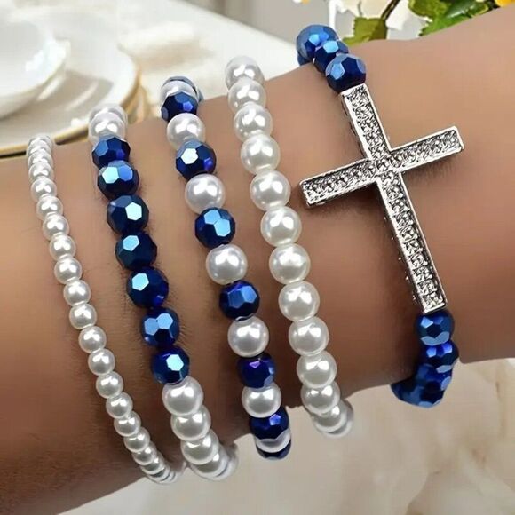 5pcs Elegant Blue / White Beaded Bracelet Set with Cross Charm - Picture 1 of 2